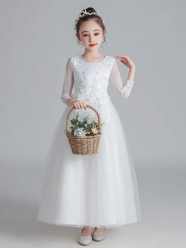 3/4 Length Sleeves Tulle Lace White Flower Girl Dresses Embroidered Formal Kids Pageant Dresses