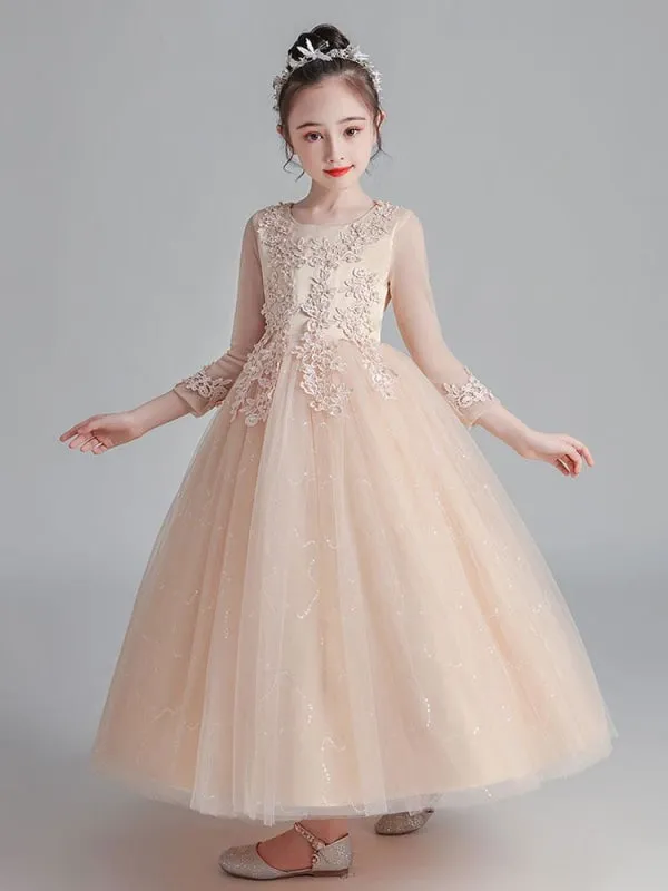 3/4 Length Sleeves Tulle Lace White Flower Girl Dresses Embroidered Formal Kids Pageant Dresses