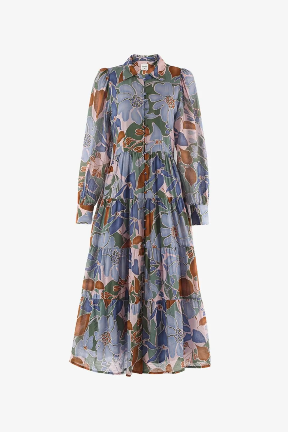 Adair Khaki Floral Long Sleeve Tiered Shirt Style Maxi Dress