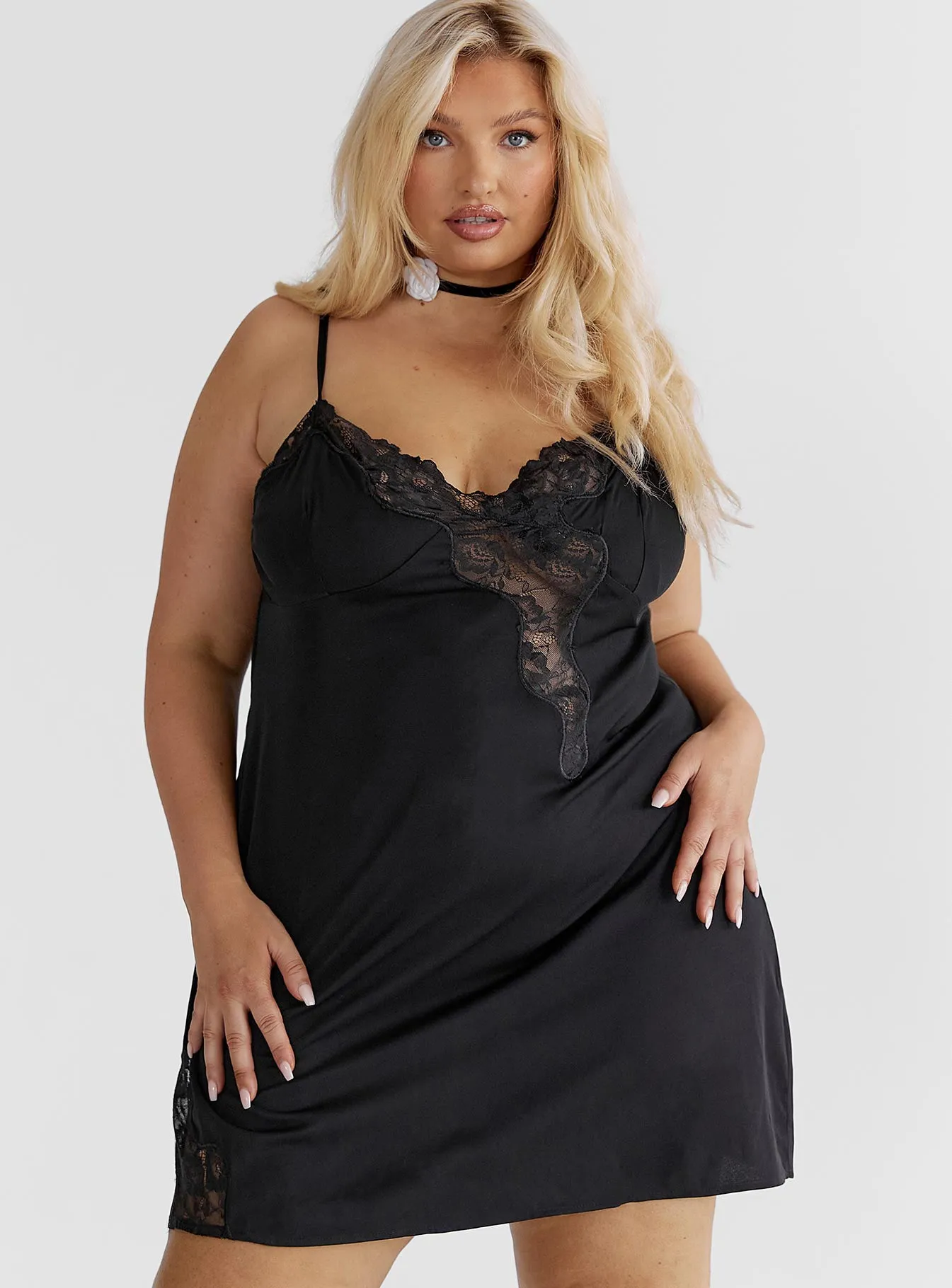 Agnola Lace Trim Mini Dress Black Curve