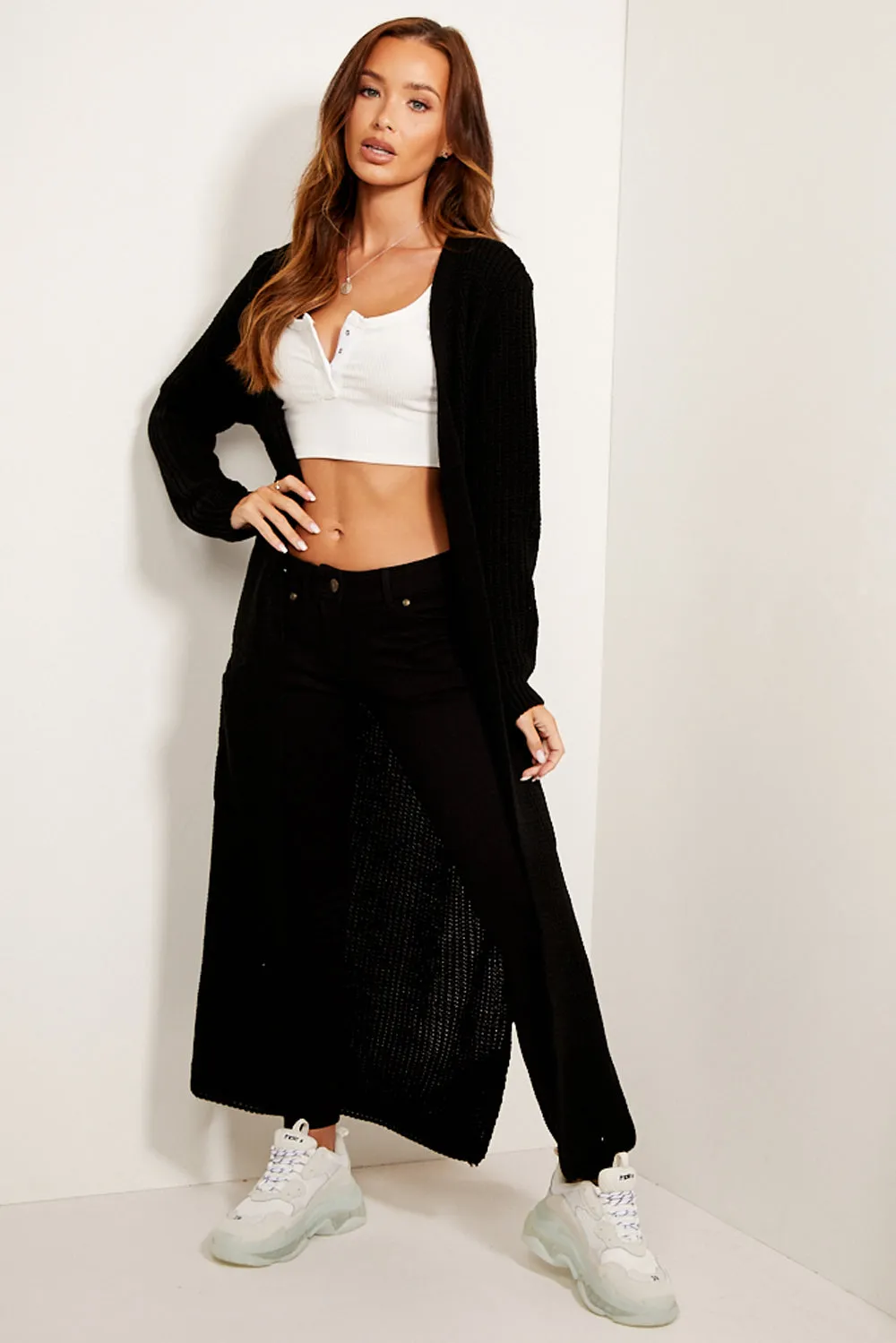 Allies Black Longline Knitted Open Cardigan