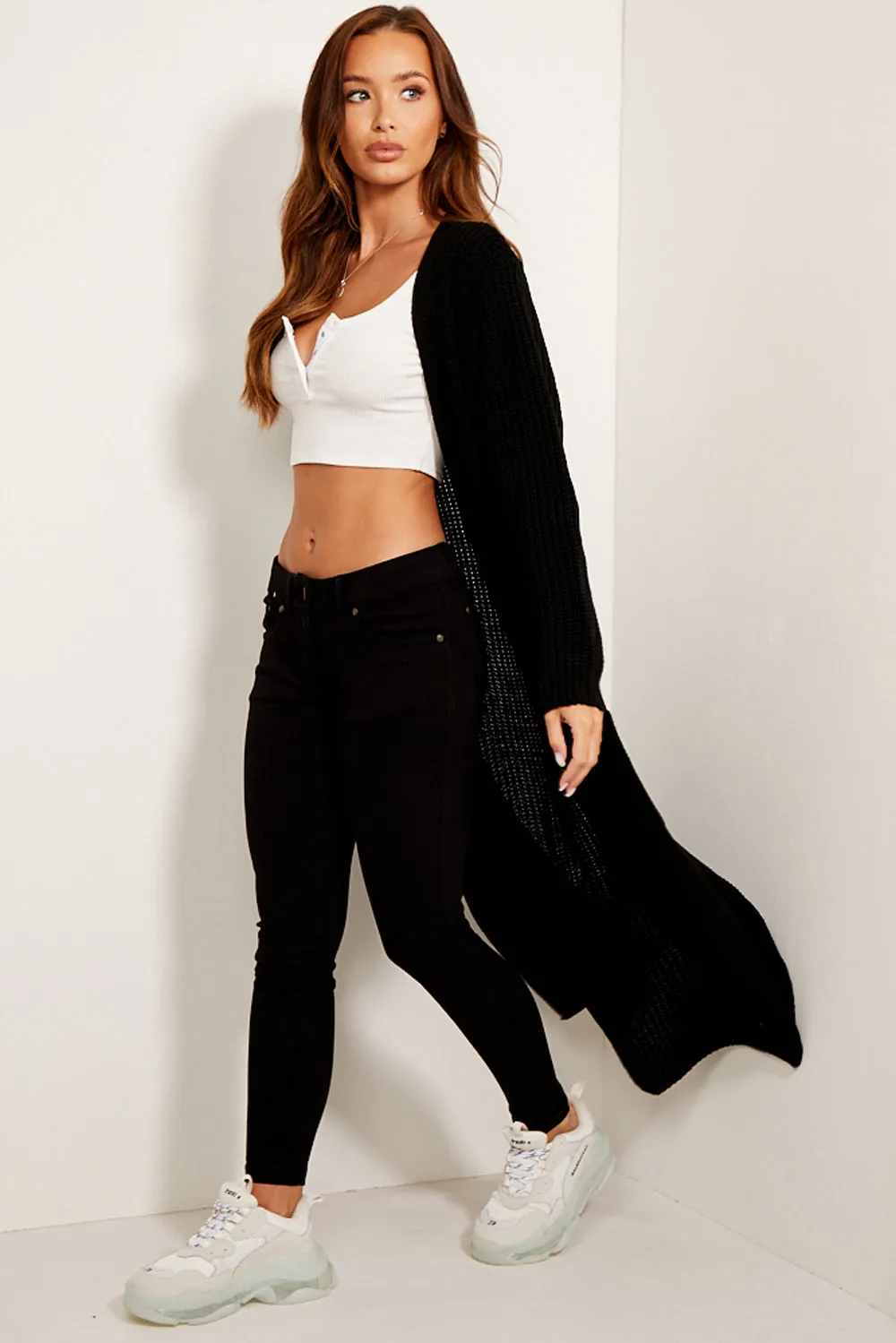 Allies Black Longline Knitted Open Cardigan