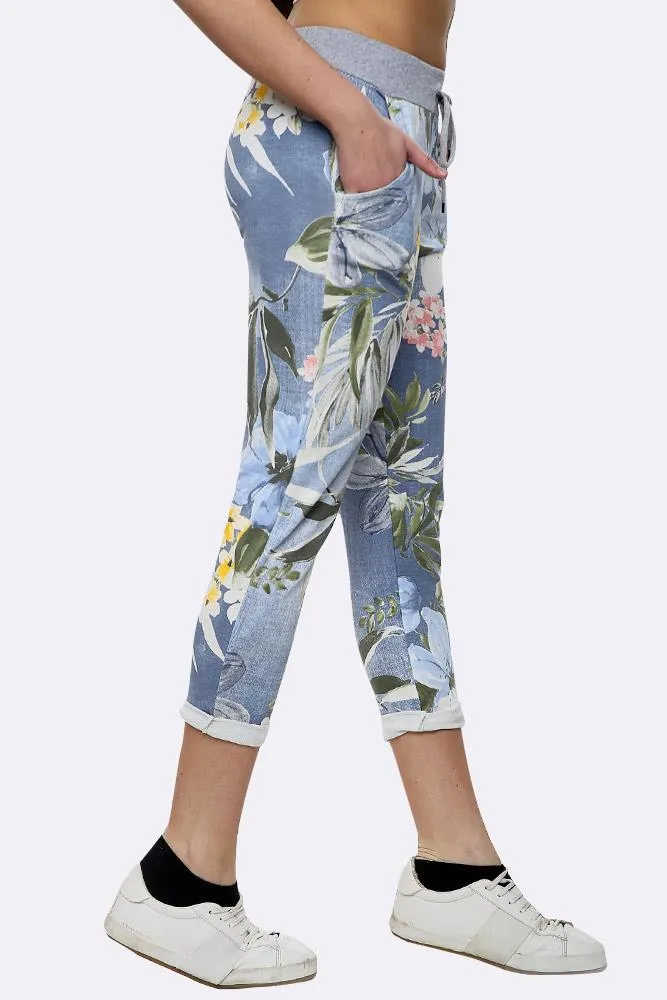 Anne   Kate Italian Tropical Floral Light Denim Print Trousers 16-20