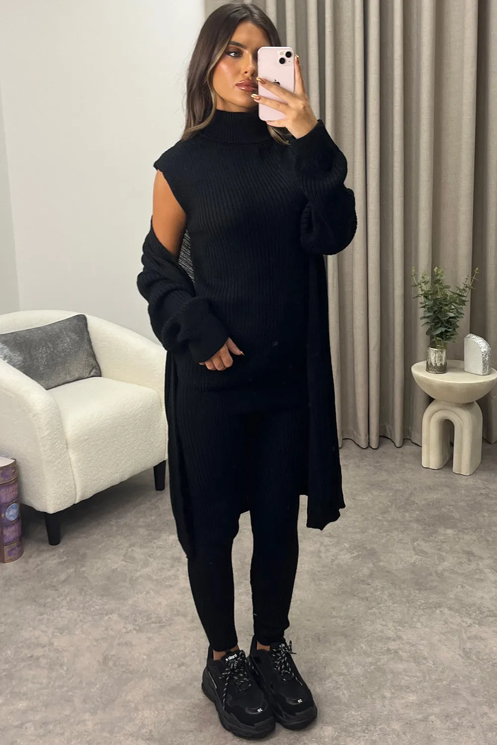 Ariannas Black Roll Neck Knitted 3 Piece Loungewear Set