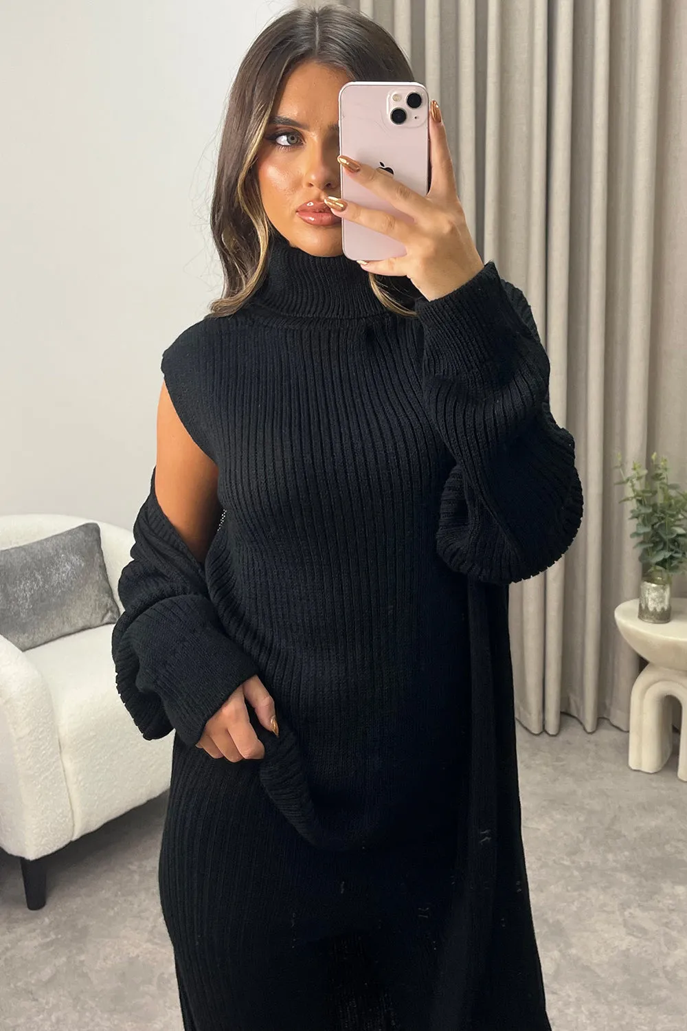 Ariannas Black Roll Neck Knitted 3 Piece Loungewear Set