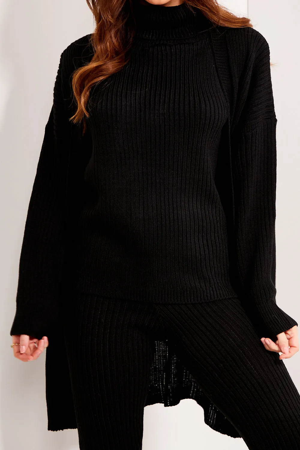 Ariannas Black Roll Neck Knitted 3 Piece Loungewear Set