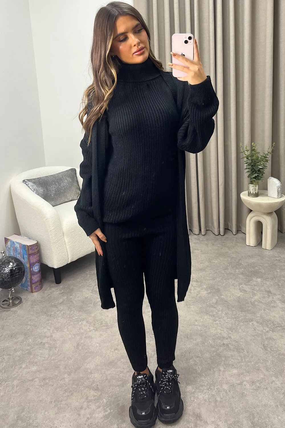 Ariannas Black Roll Neck Knitted 3 Piece Loungewear Set