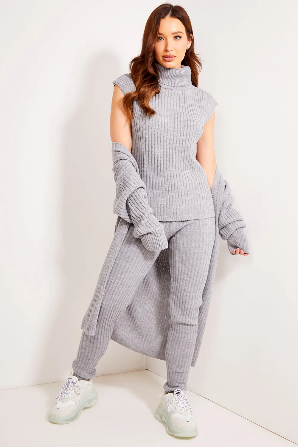 Ariannas Grey Roll Neck Knitted 3 Piece Loungewear Set