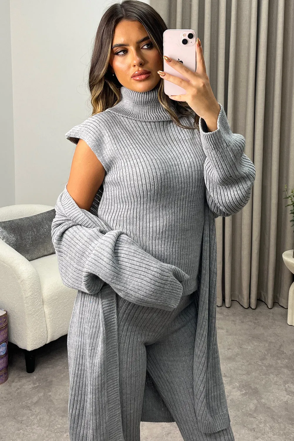 Ariannas Grey Roll Neck Knitted 3 Piece Loungewear Set