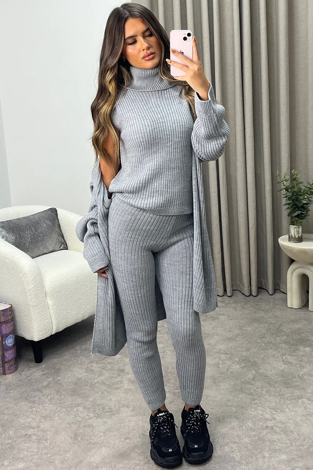 Ariannas Grey Roll Neck Knitted 3 Piece Loungewear Set