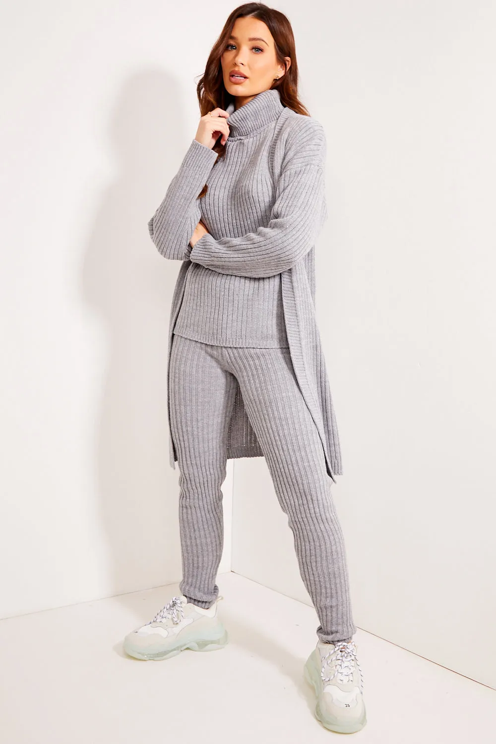 Ariannas Grey Roll Neck Knitted 3 Piece Loungewear Set