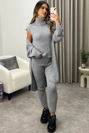 Ariannas Grey Roll Neck Knitted 3 Piece Loungewear Set