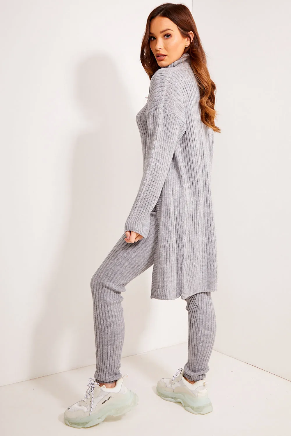 Ariannas Grey Roll Neck Knitted 3 Piece Loungewear Set