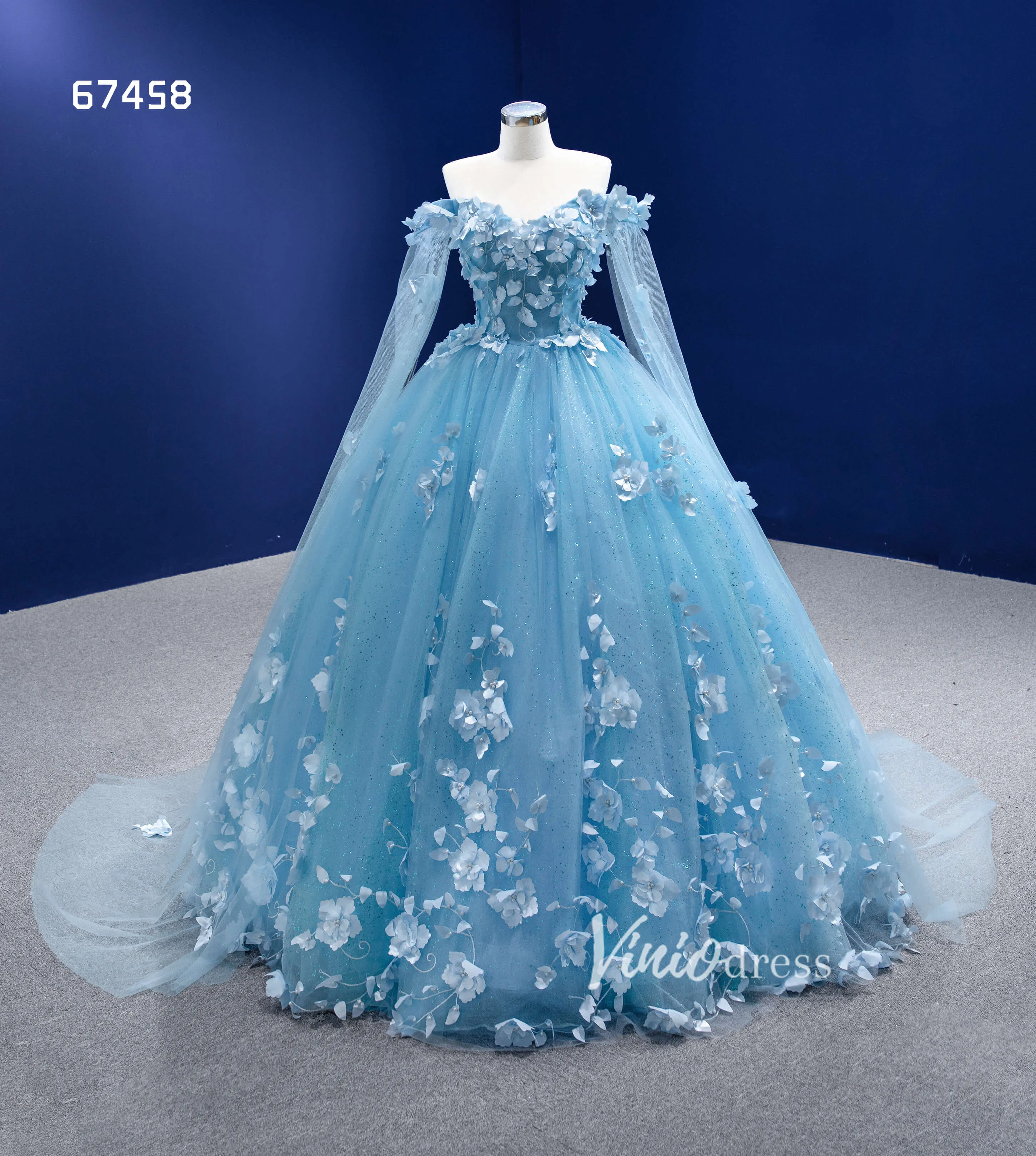 Baby Blue Flower Quince Dresses Princess Ball Gown with Cape 67458