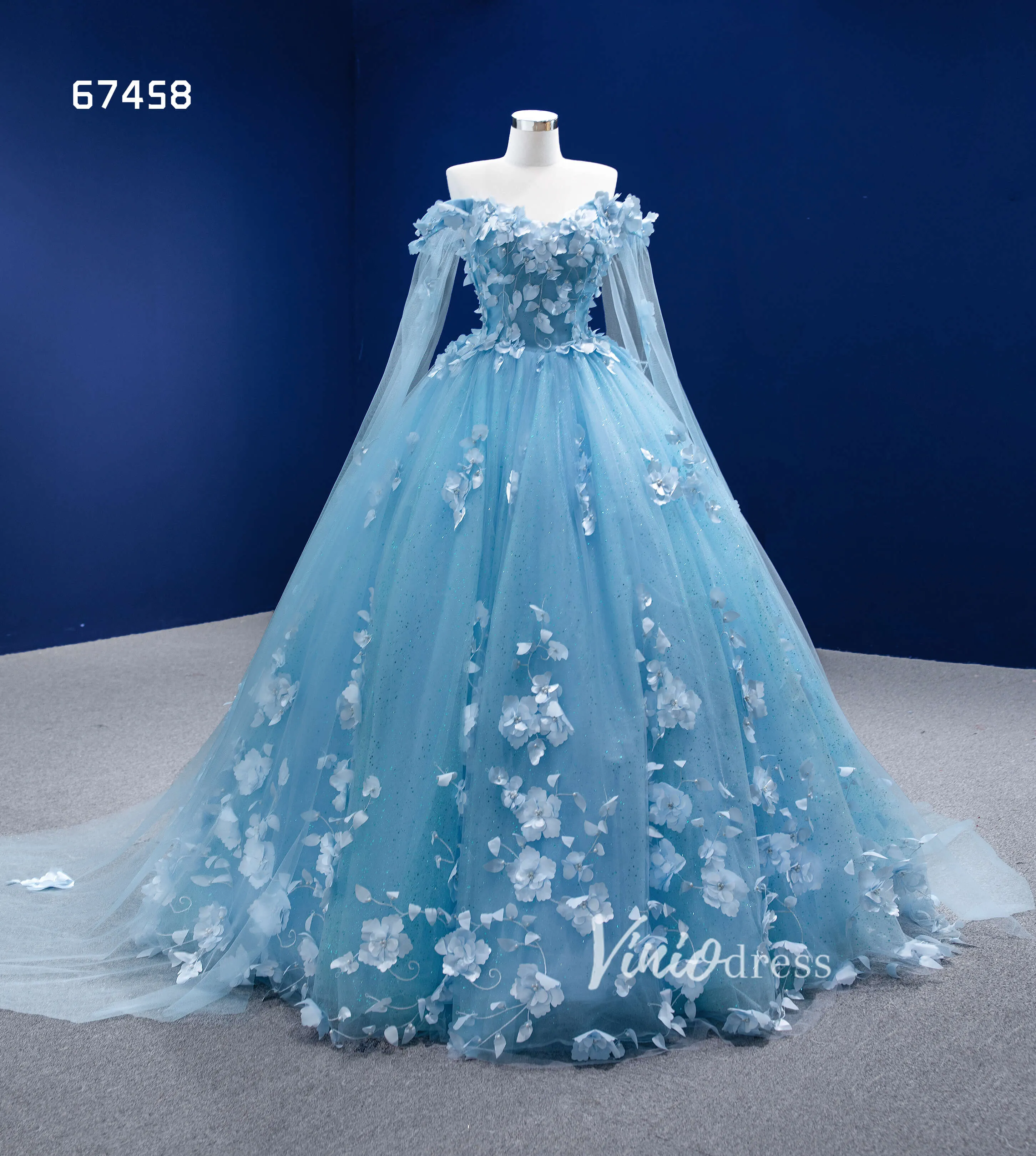 Baby Blue Flower Quince Dresses Princess Ball Gown with Cape 67458