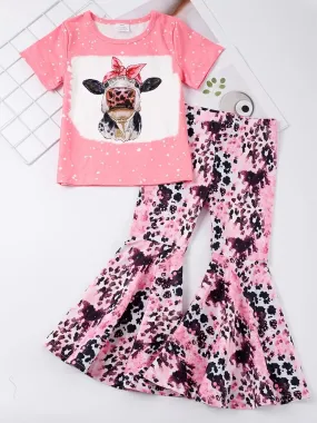 Baby Girl Pink Animal Long Flare Pants Top Outfit Set