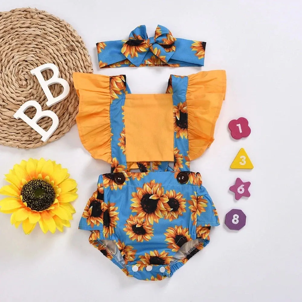 Baby Girl Summer Leopard Floral Romper Headband Set