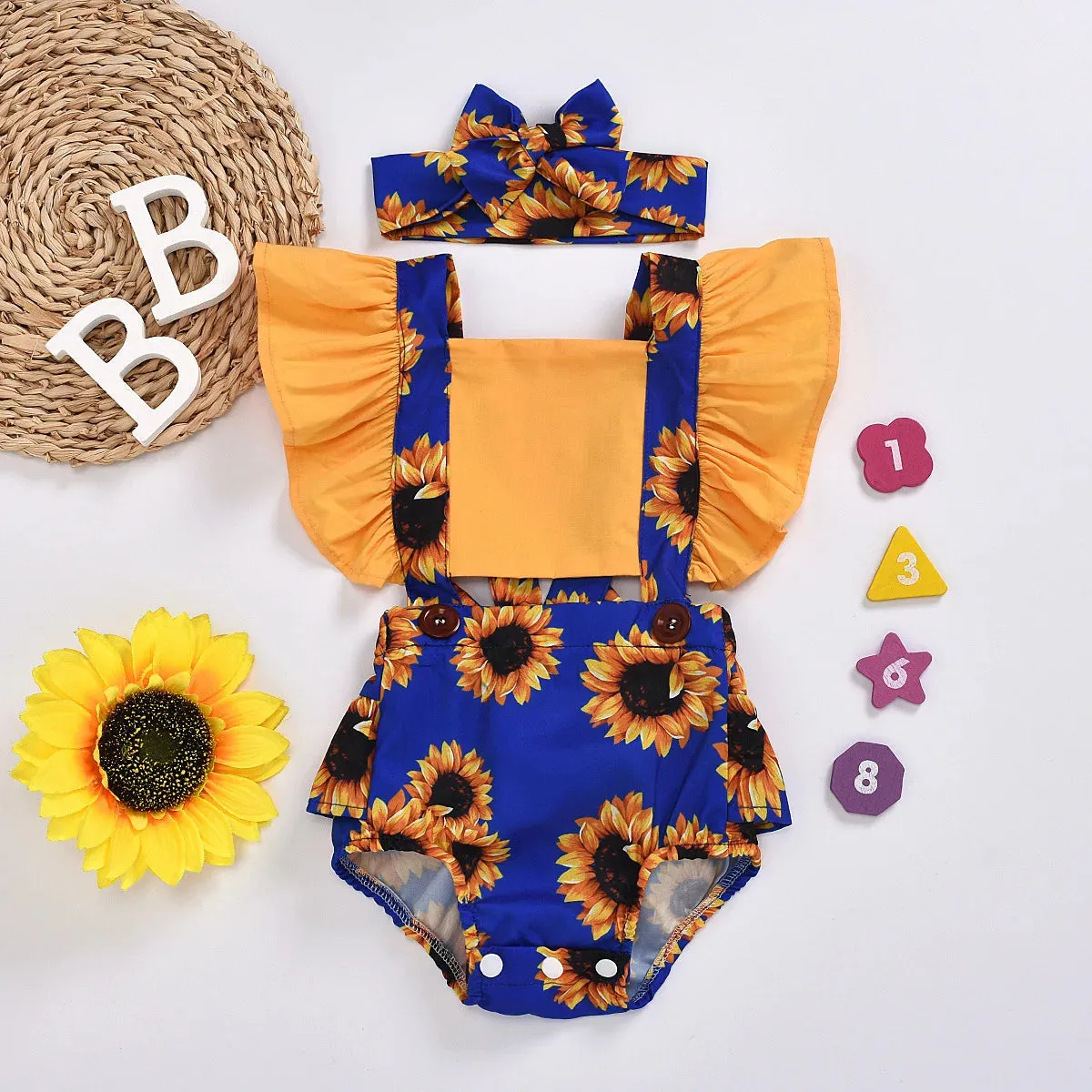 Baby Girl Summer Leopard Floral Romper Headband Set