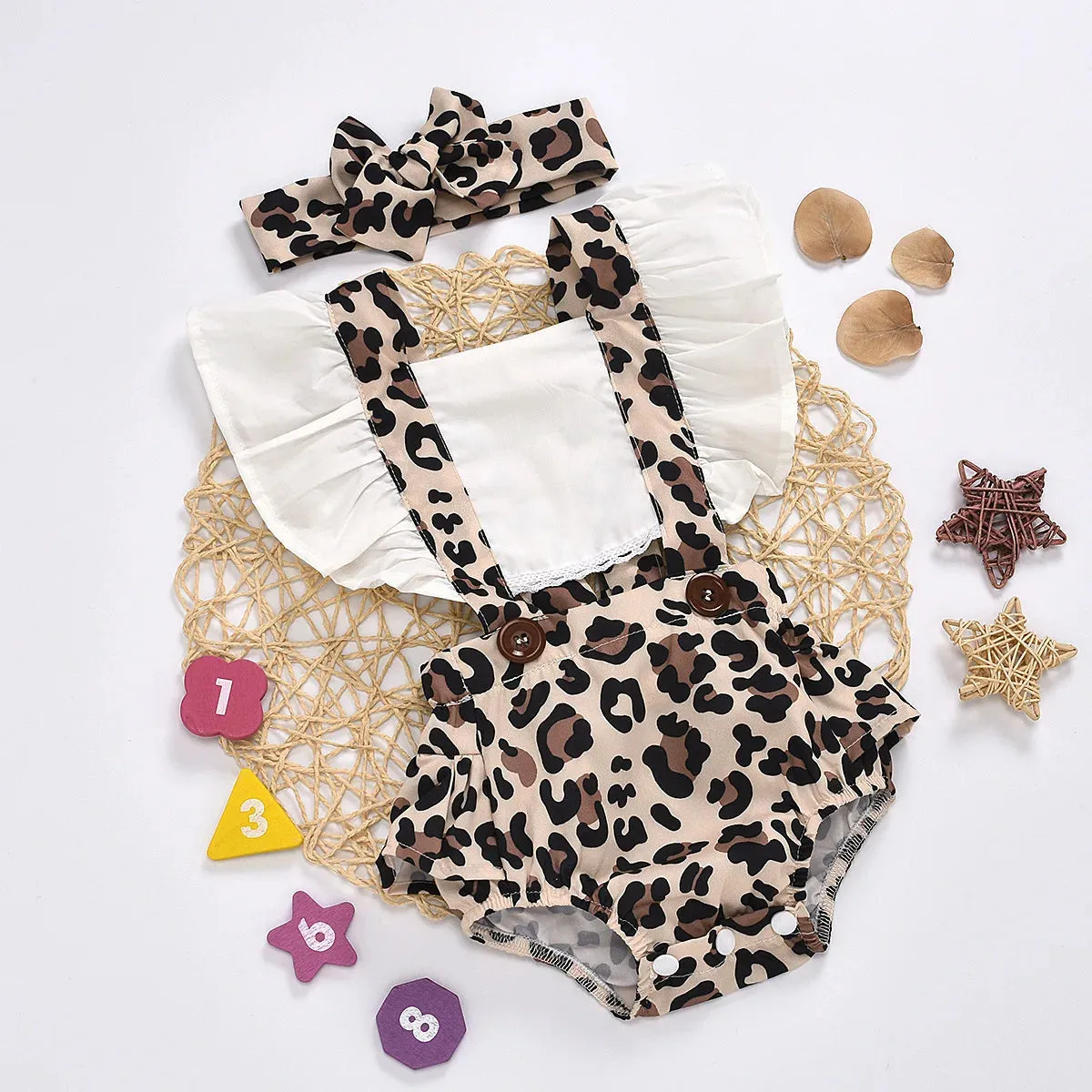 Baby Girl Summer Leopard Floral Romper Headband Set