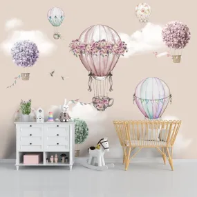 Beautiful Floral Decoration Hot Air Balloons Wall Paper for Young Kids Rooms, Customised