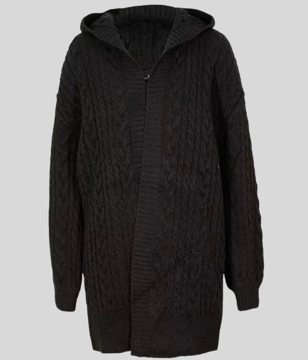 Black Chunky Cable Knit Hooded Cardigan