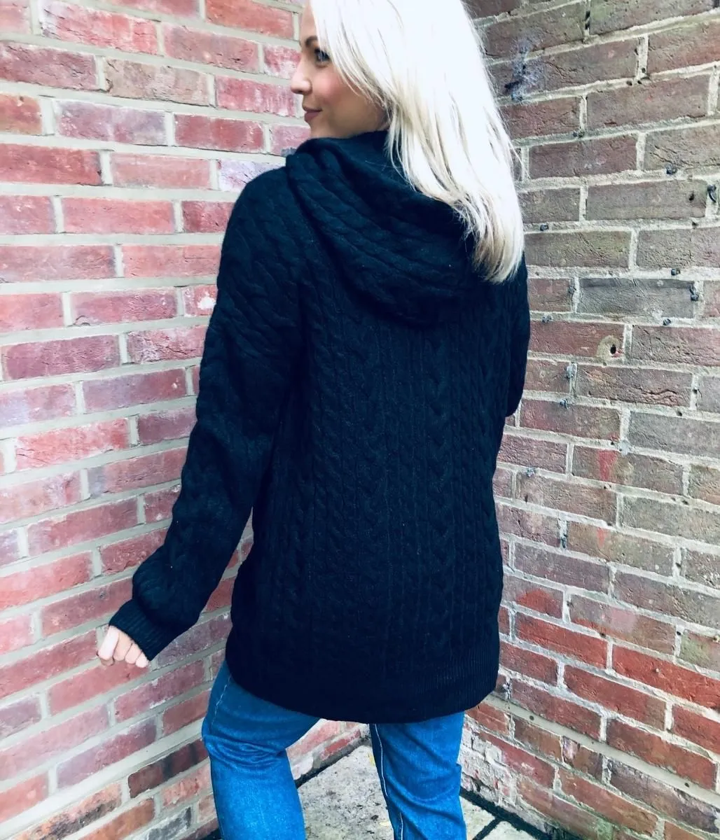 Black Chunky Cable Knit Hooded Cardigan