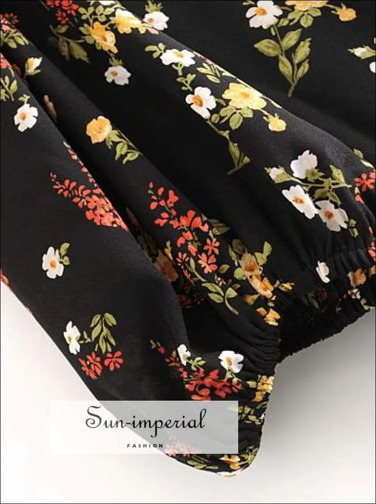 Black Vintage Short Sleeve Midi Dress Sweetheart Neckline side Split Floral Print Keyhole Cut out