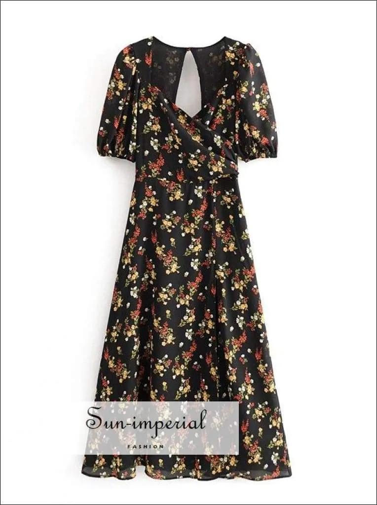 Black Vintage Short Sleeve Midi Dress Sweetheart Neckline side Split Floral Print Keyhole Cut out