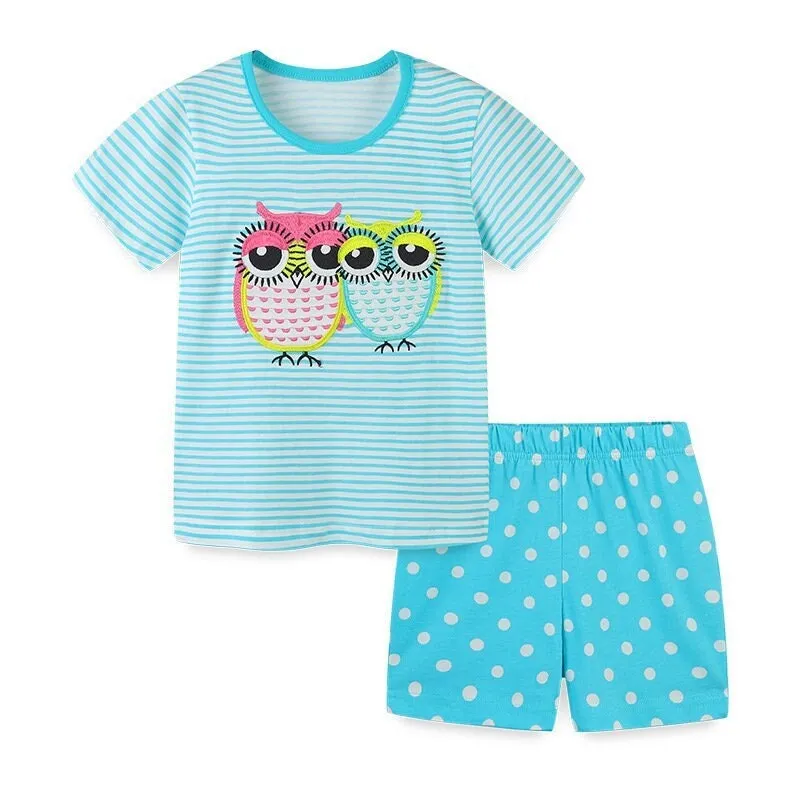 Blue Short Sleeve Toddler Girls Cute Owl Design 2 Piece T-Shirt & Shorts Set