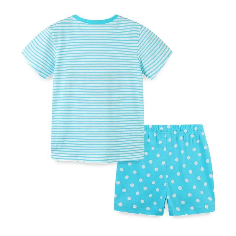 Blue Short Sleeve Toddler Girls Cute Owl Design 2 Piece T-Shirt & Shorts Set