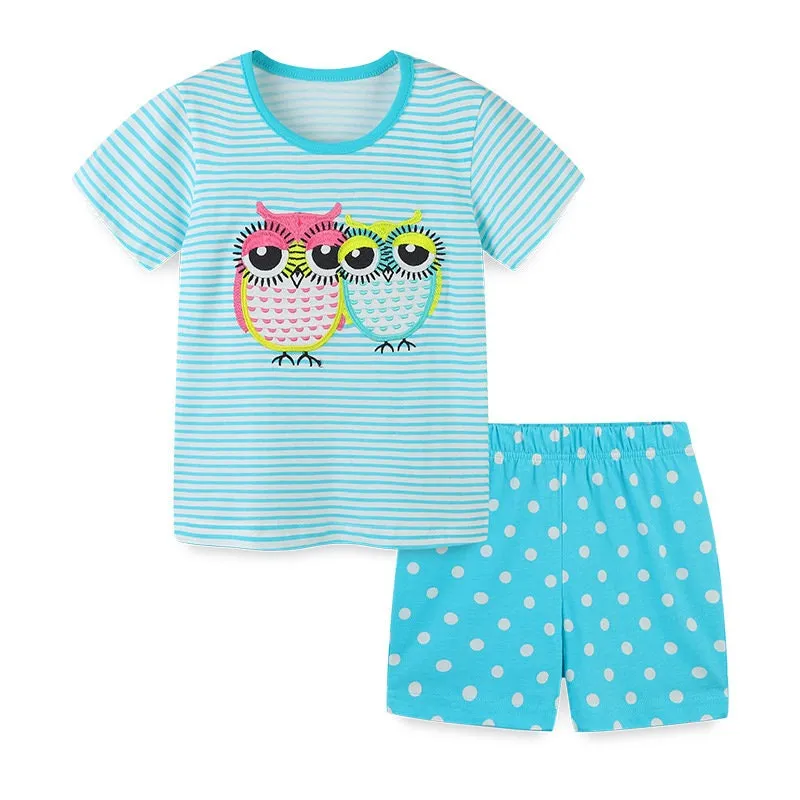 Blue Short Sleeve Toddler Girls Cute Owl Design 2 Piece T-Shirt & Shorts Set