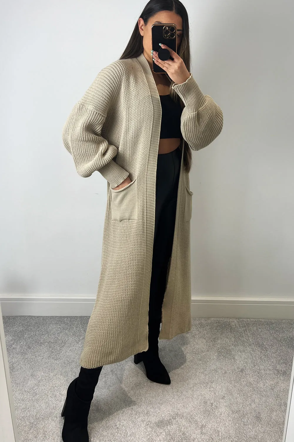 Bonnie Beige Longline Open Front Knitted Cardigan