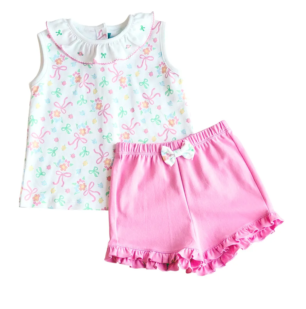 Bows and Flowers Girls Shirt and Short Set  Pima Cotton