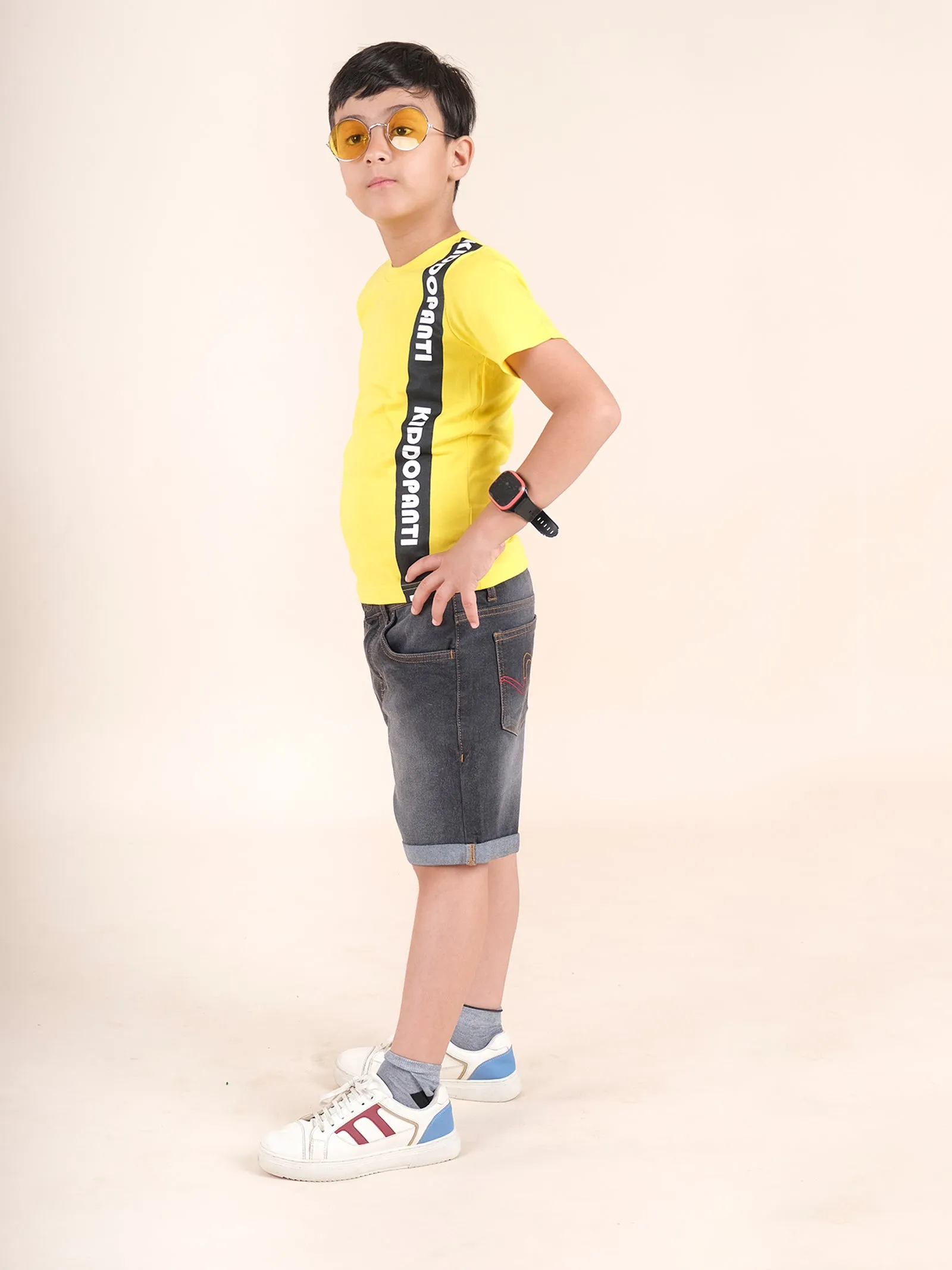 Boys Cotton Half Sleeves Printed Tee With Denim Rollup Shorts Set