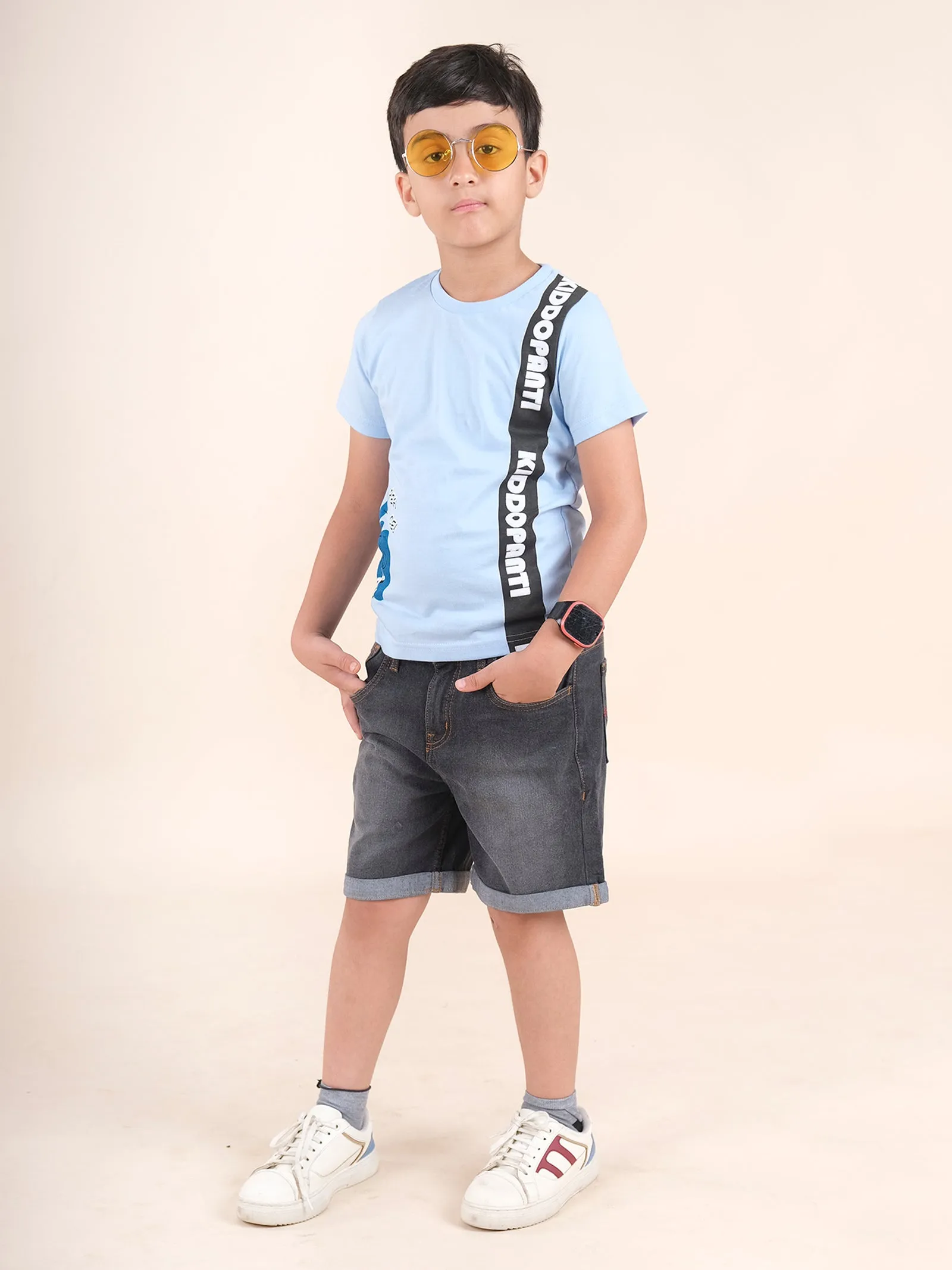 Boys Cotton Half Sleeves Printed Tee With Denim Rollup Shorts Set