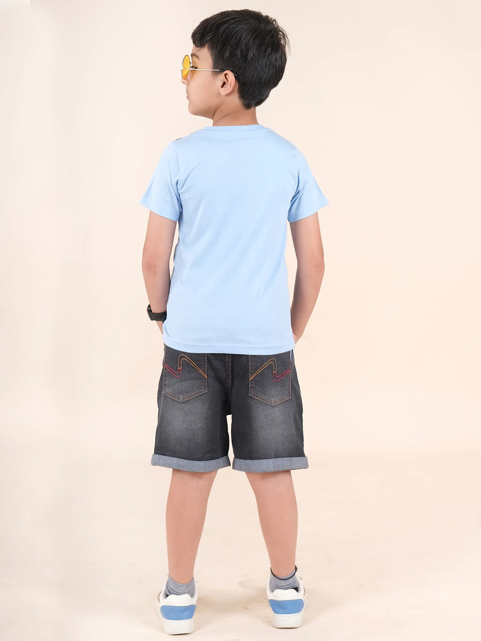 Boys Cotton Half Sleeves Printed Tee With Denim Rollup Shorts Set