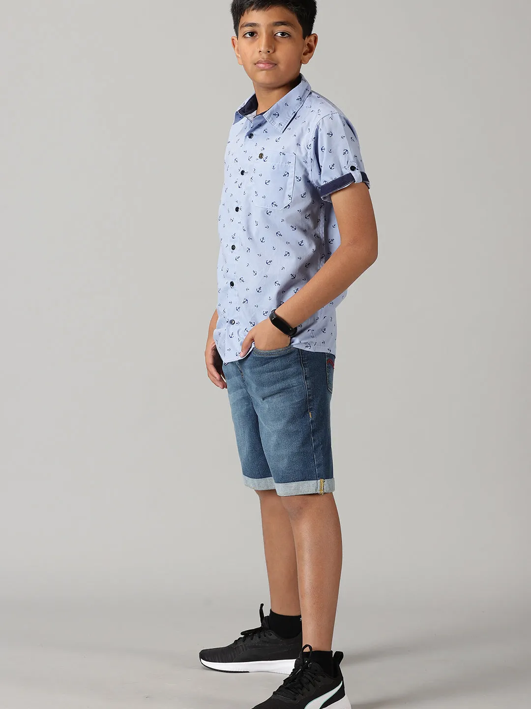 Boys Half Sleeve Printed Shirts & Denim Shorts Set