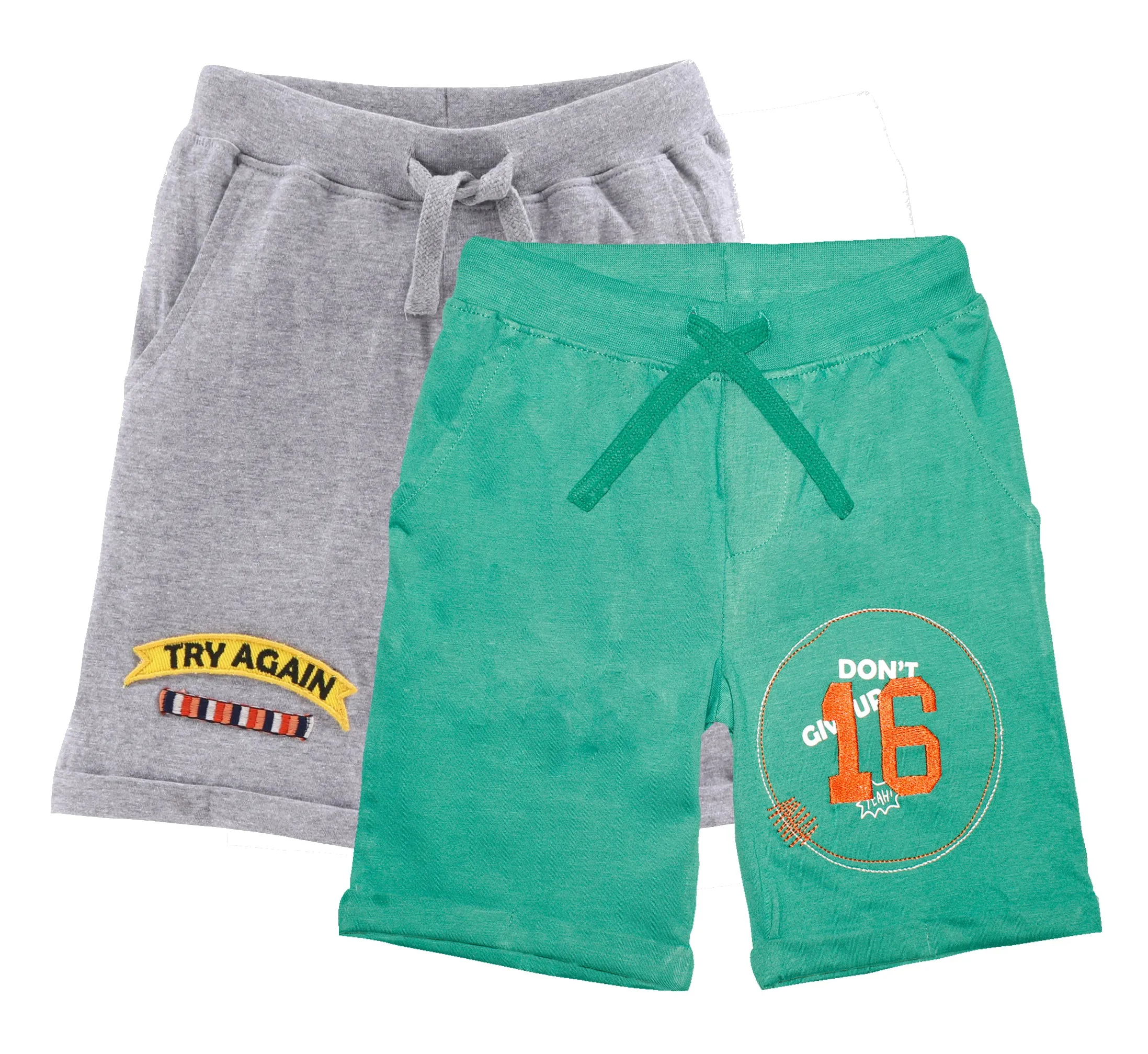 Boys Pull on Shorts with roll up hem & applique - Pack of 2