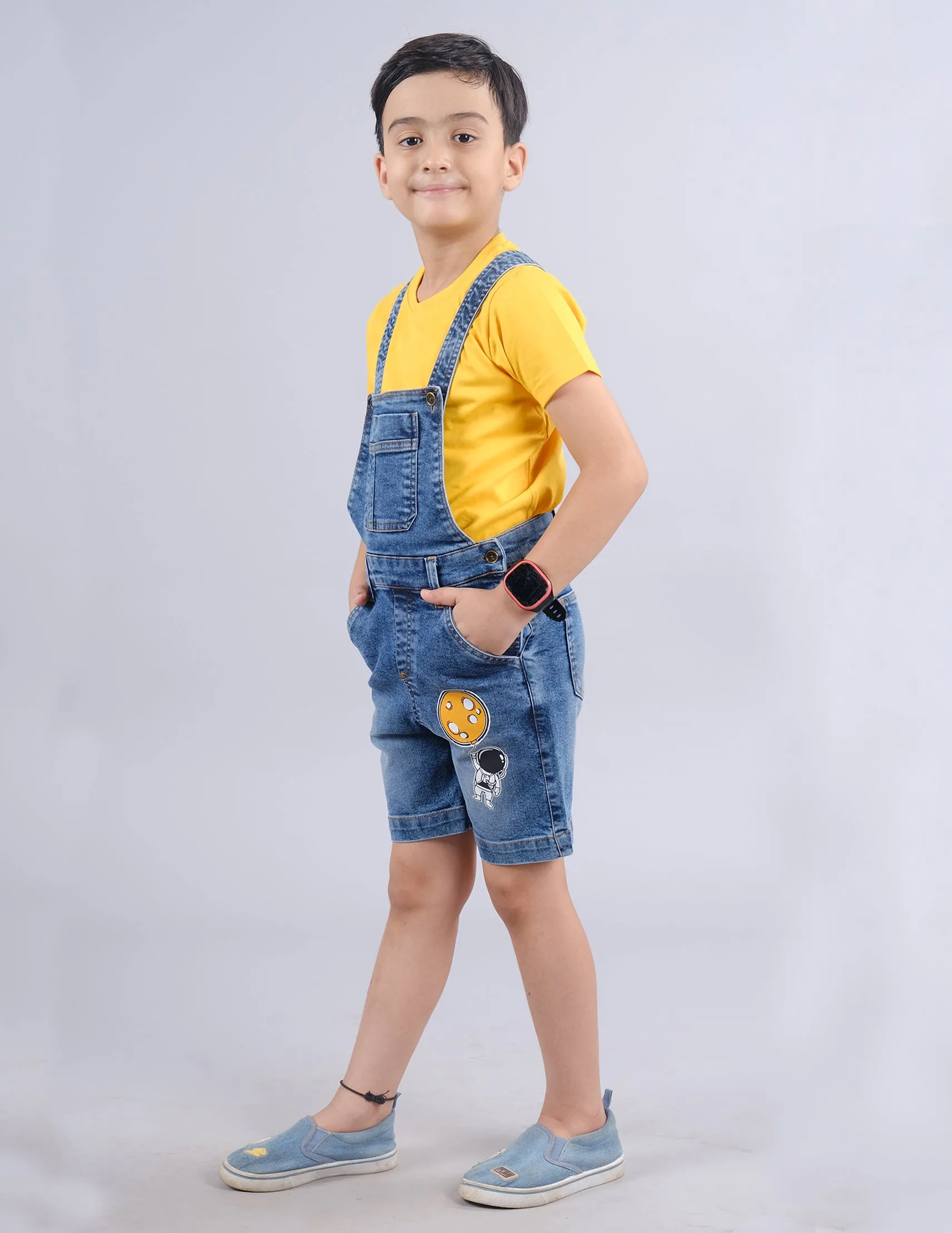 Boys Solid Tee & Denim Dungaree Shorts Set