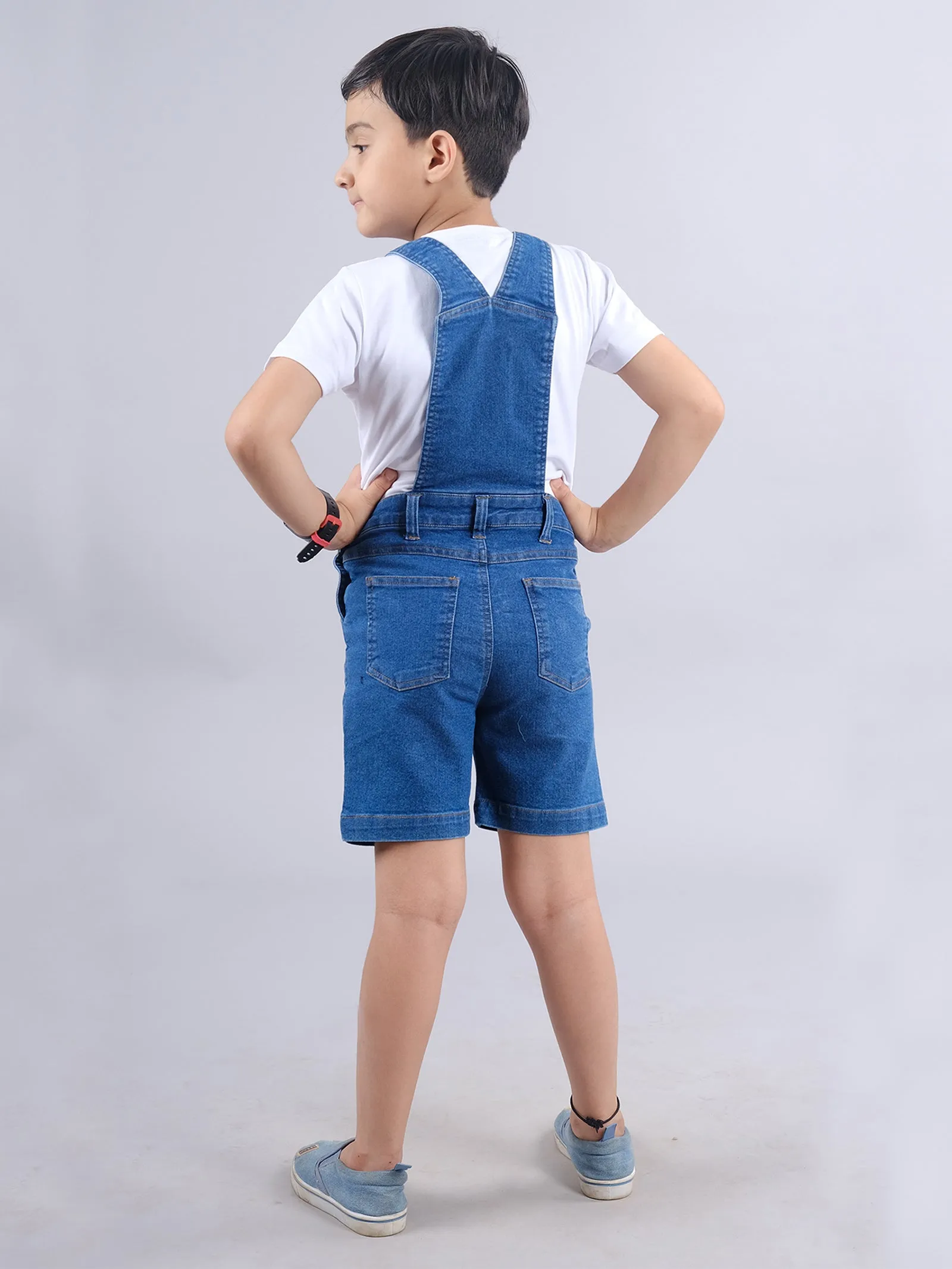 Boys Solid Tee & Denim Dungaree Shorts Set