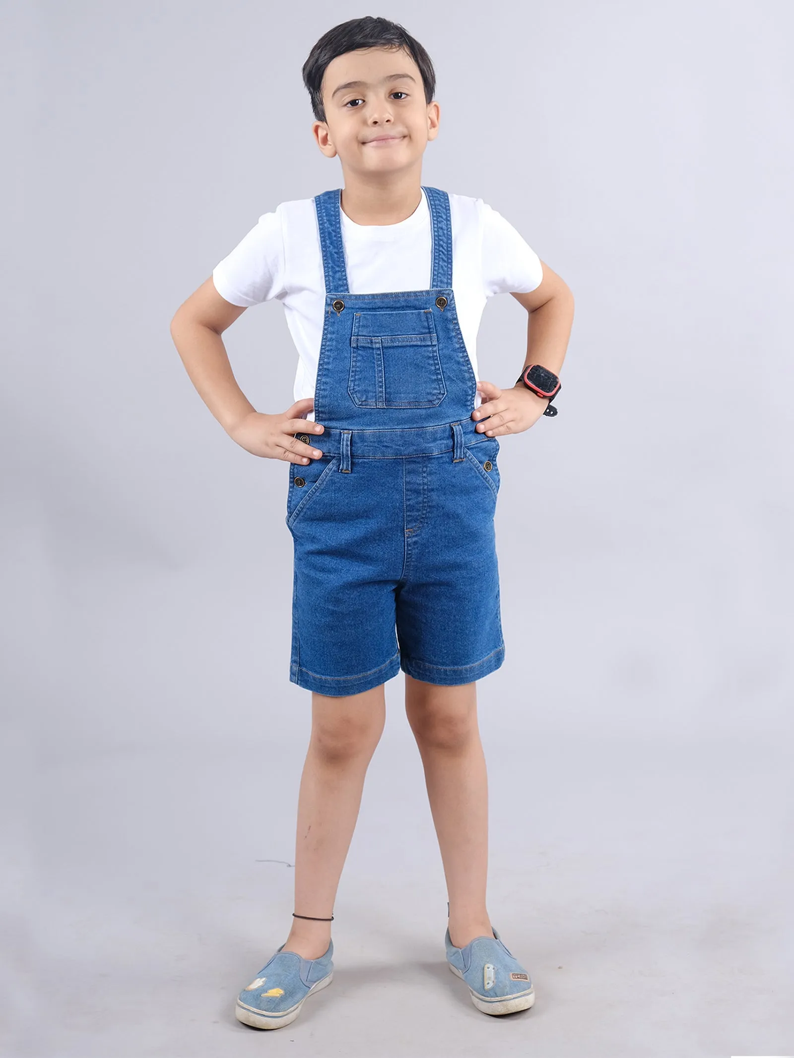 Boys Solid Tee & Denim Dungaree Shorts Set