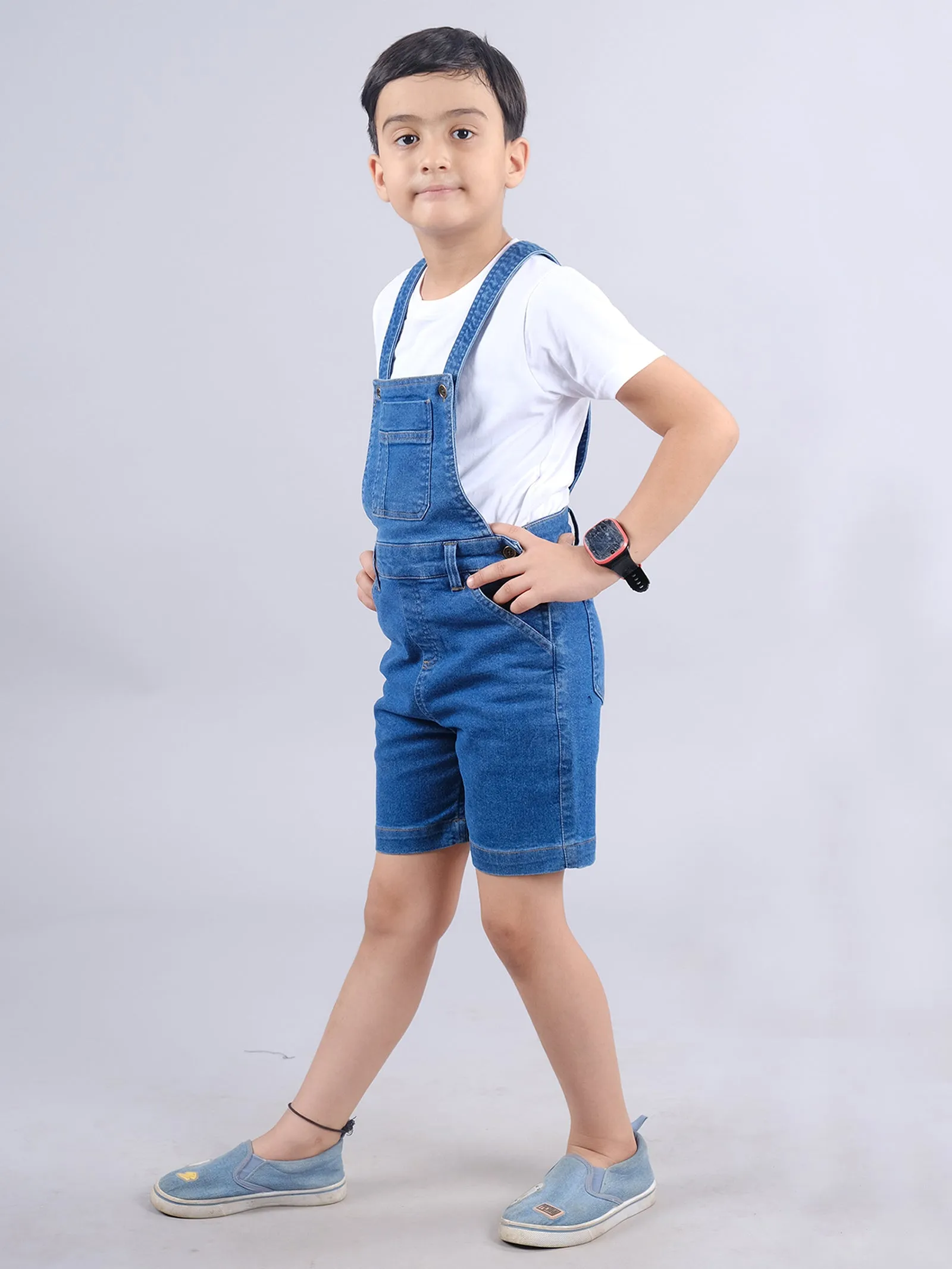 Boys Solid Tee & Denim Dungaree Shorts Set