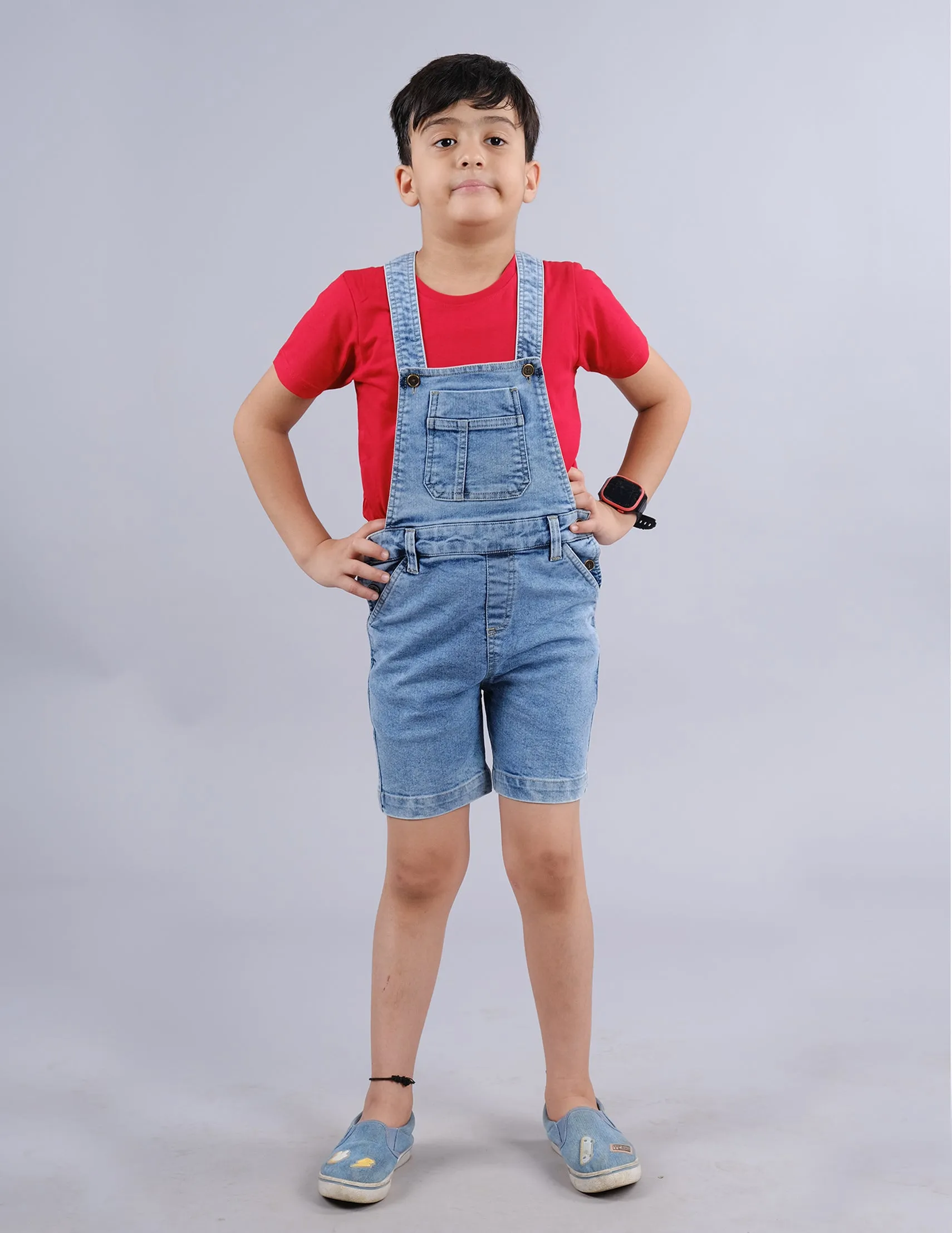 Boys Solid Tee & Denim Dungaree Shorts Set