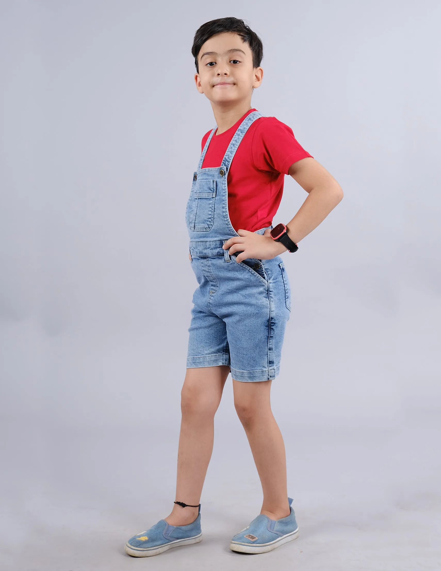 Boys Solid Tee & Denim Dungaree Shorts Set