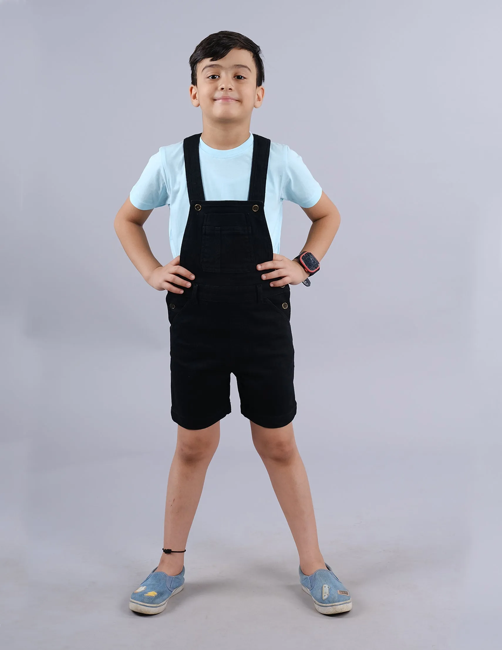 Boys Solid Tee & Denim Dungaree Shorts Set