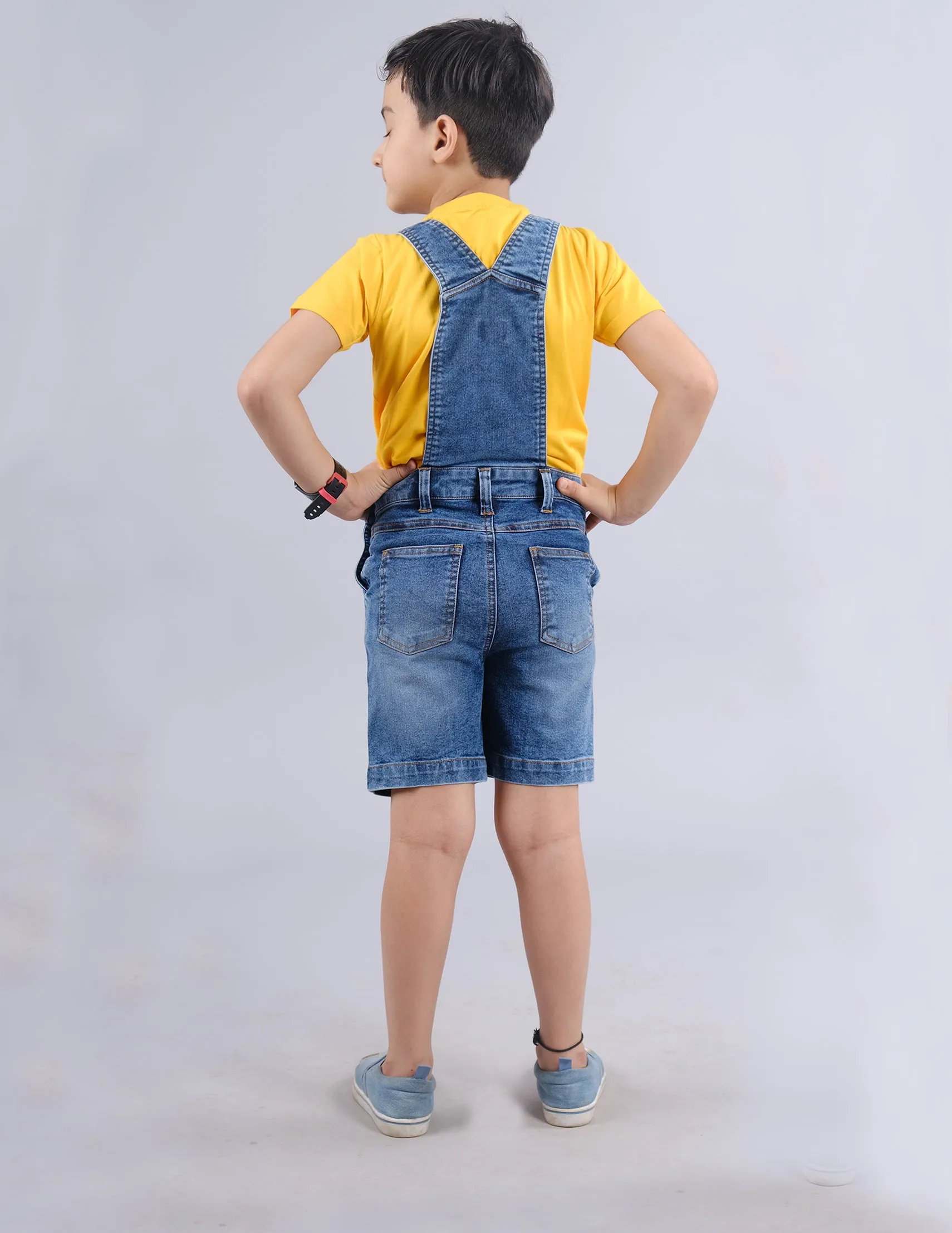 Boys Solid Tee & Denim Dungaree Shorts Set