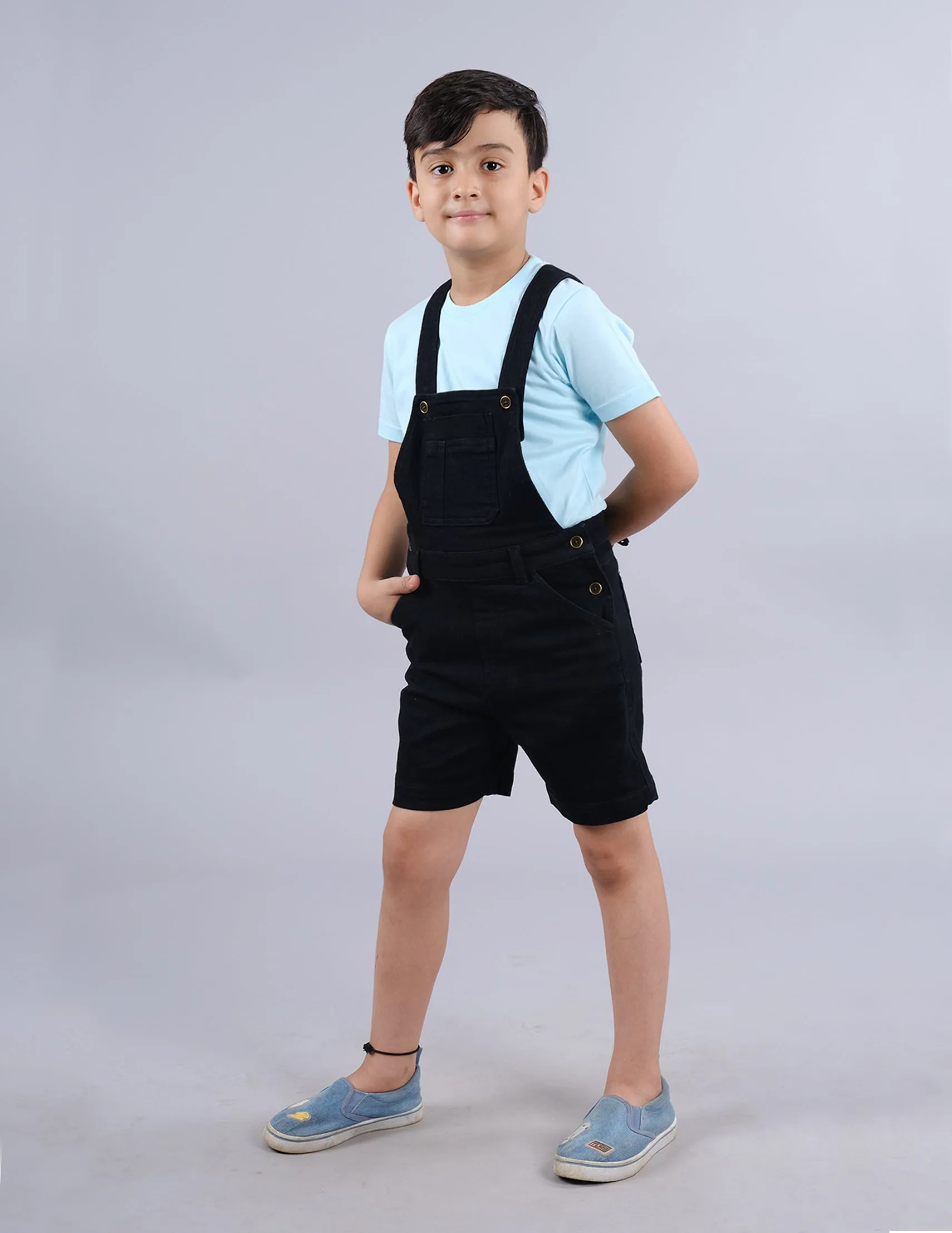 Boys Solid Tee & Denim Dungaree Shorts Set