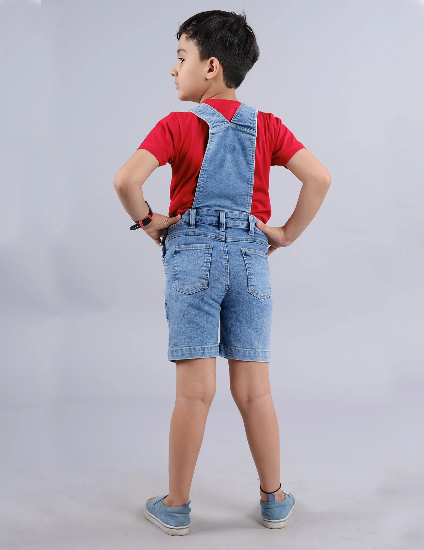 Boys Solid Tee & Denim Dungaree Shorts Set