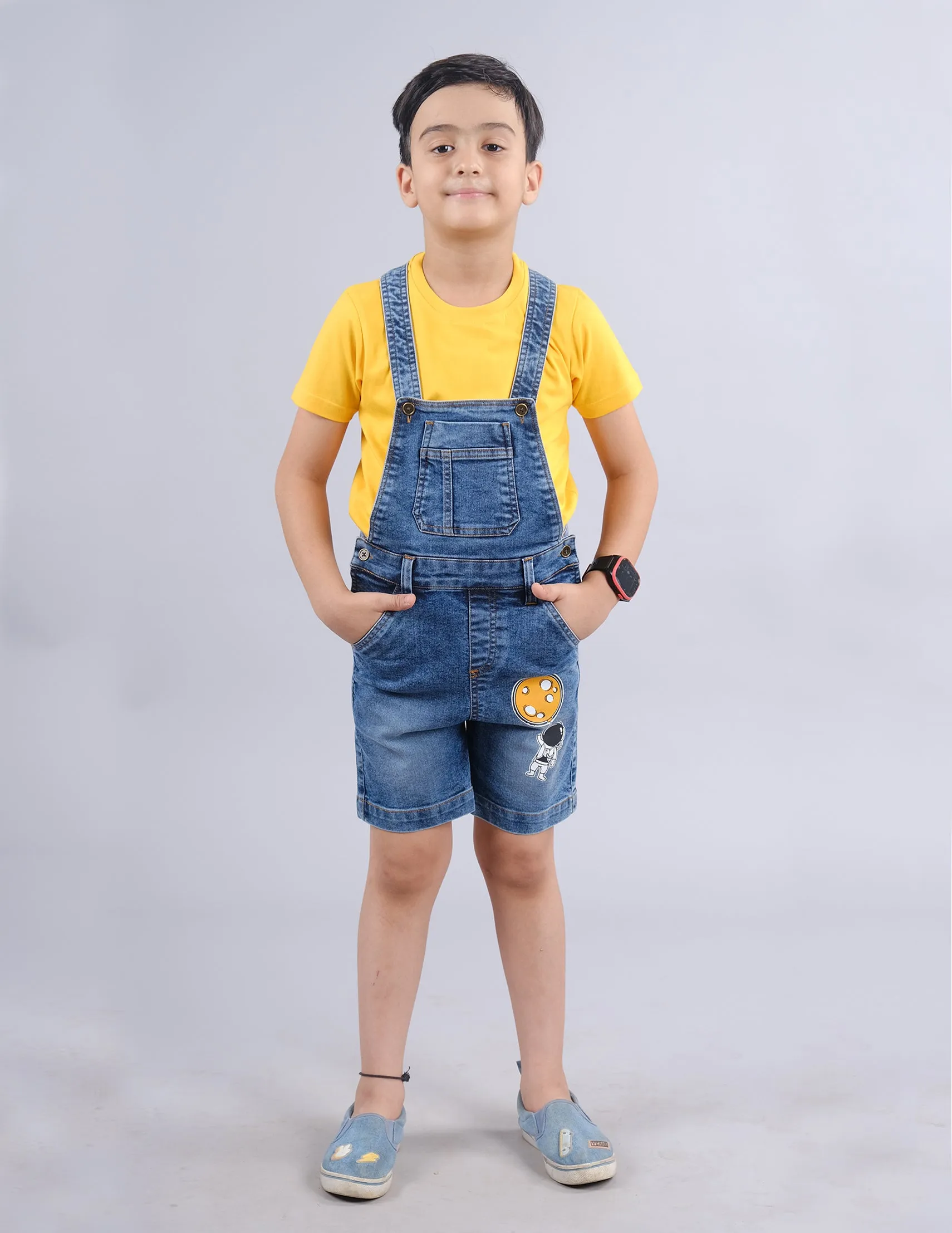 Boys Solid Tee & Denim Dungaree Shorts Set