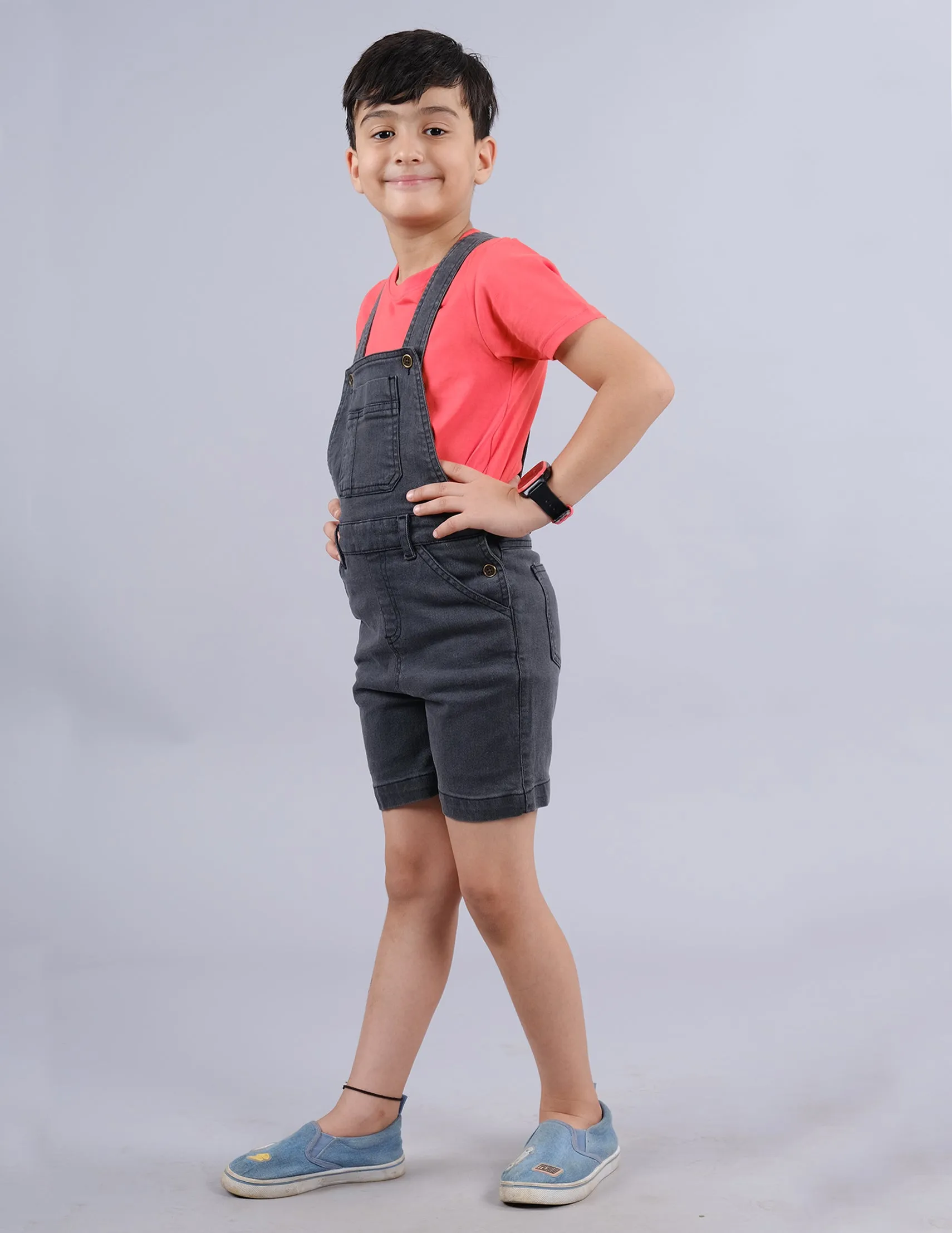 Boys Solid Tee & Denim Dungaree Shorts Set